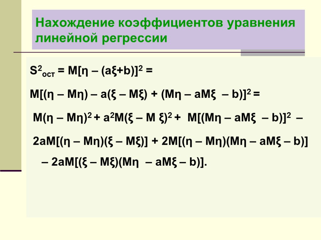 Нахождение коэффициентов уравнения линейной регрессии S2ост = M[η – (aξ+b)]2 = M[(η – Mη)